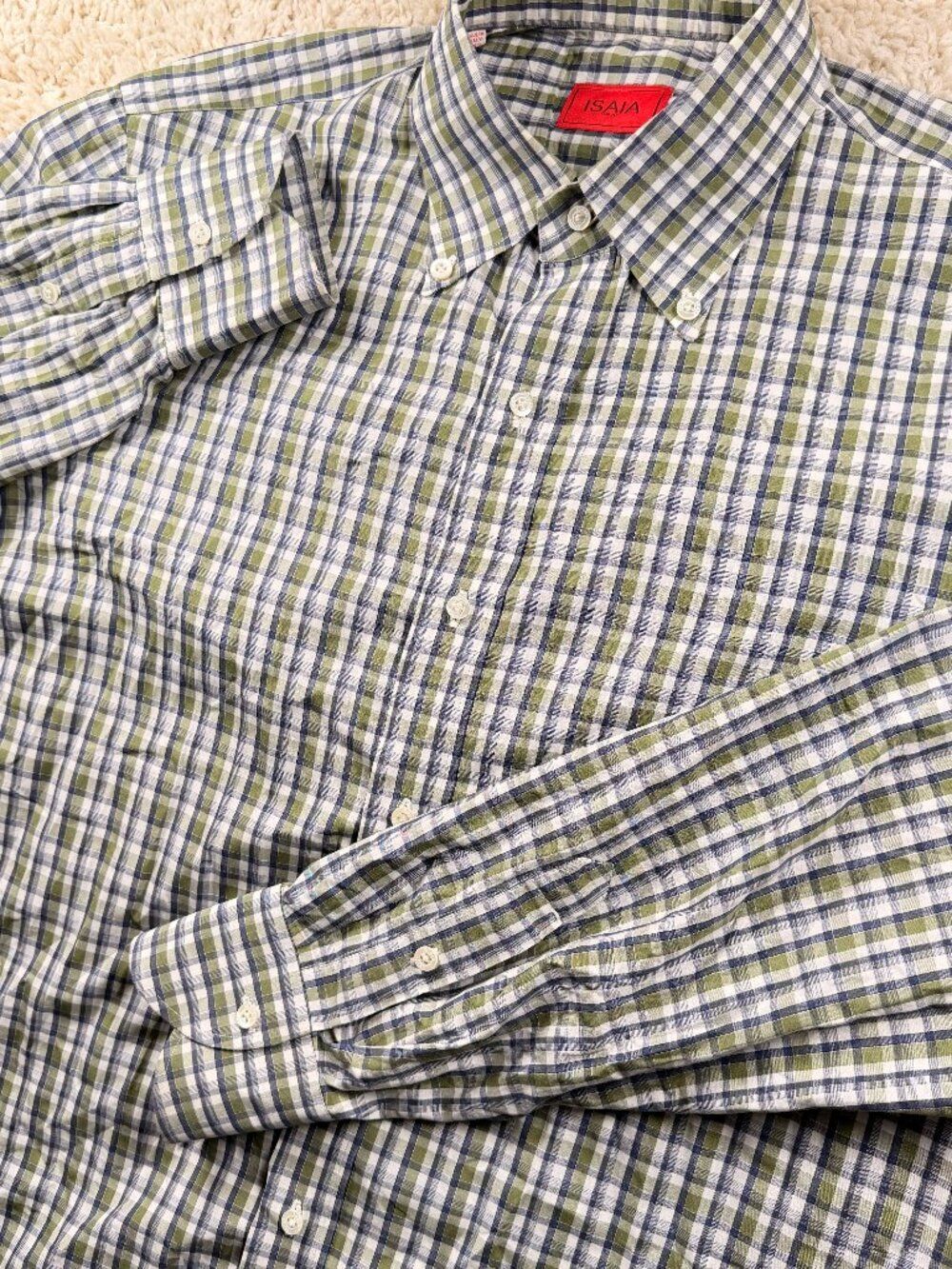 ISAIA Men's Blue Green Plaid Check Button Down Dress Shirt 42 16.5 Made in Italy